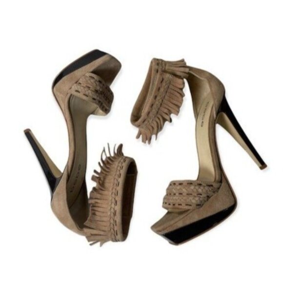 BEBE Tan Suede Leather Heels Fringe Ankle Strap Sz 7 - Picture 3 of 8